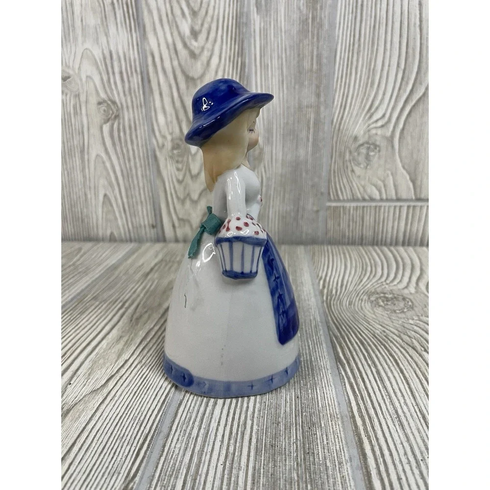 Porcelain Figural Bell Victorian Woman Girl Blueware Dinner Bell Flowers 5.5
